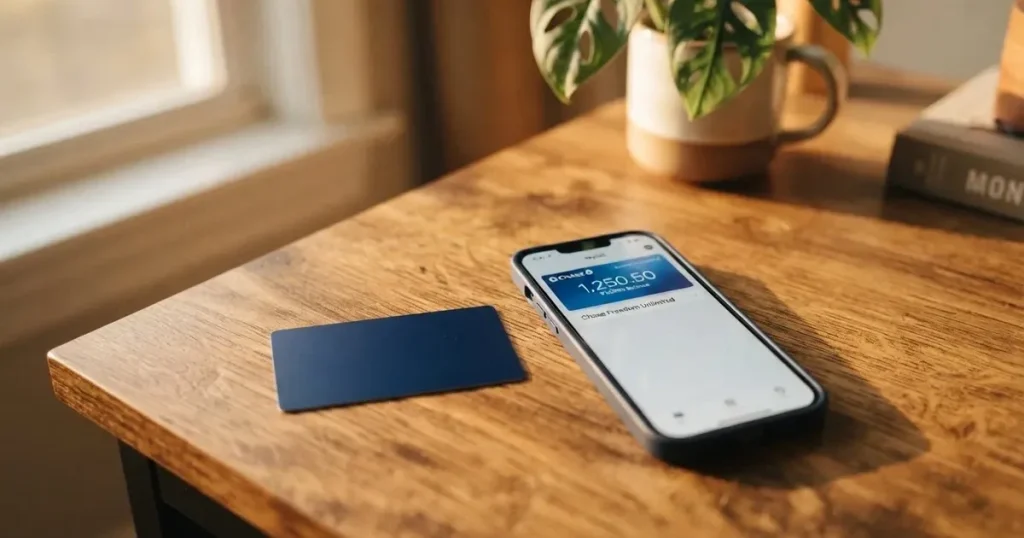 A payment card next to a phone with a crypto wallet app open