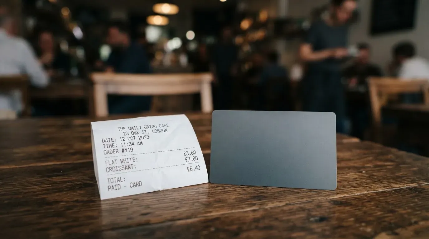 A receipt and a card on a café table