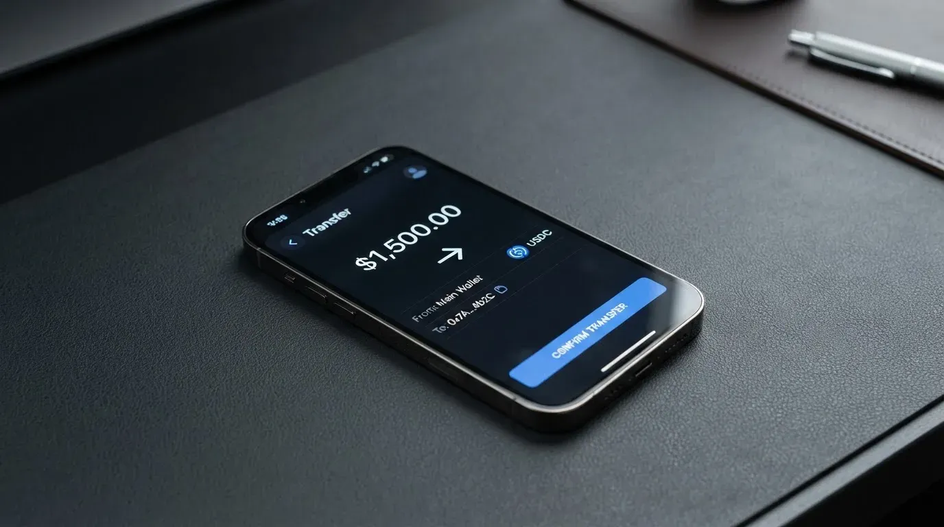 A phone showing a stablecoin transfer screen