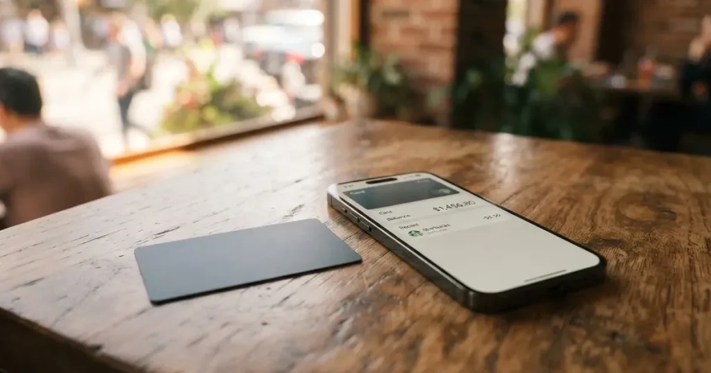 A payment card next to a phone with a crypto wallet app open