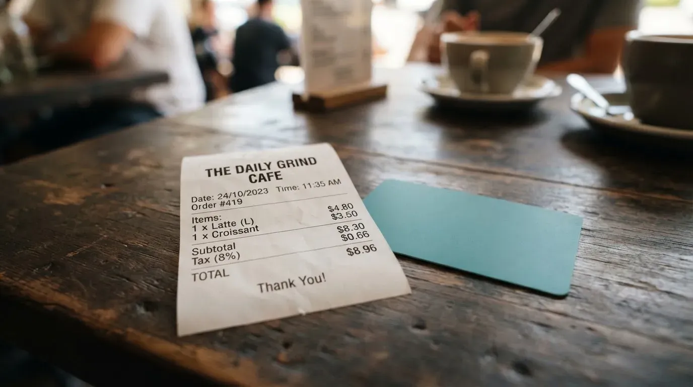 A receipt and a card on a café table