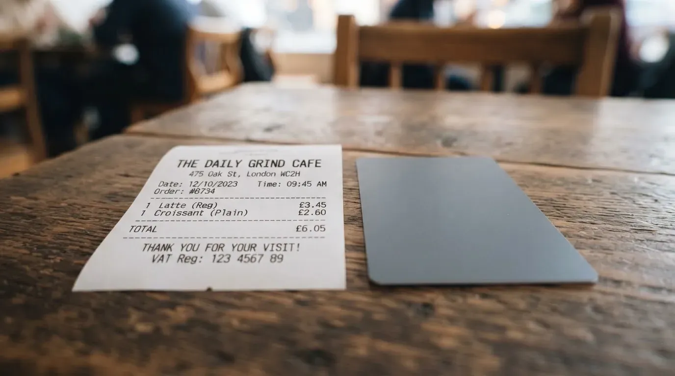 A receipt and a card on a café table