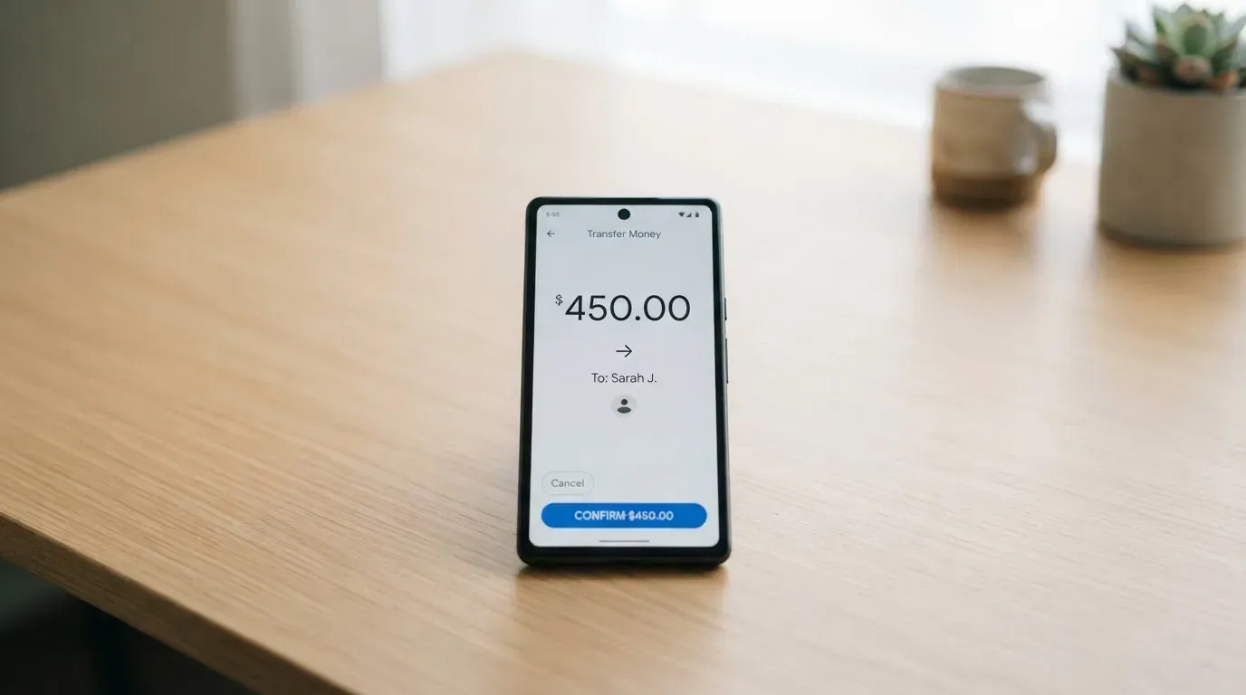 A phone showing a stablecoin transfer screen