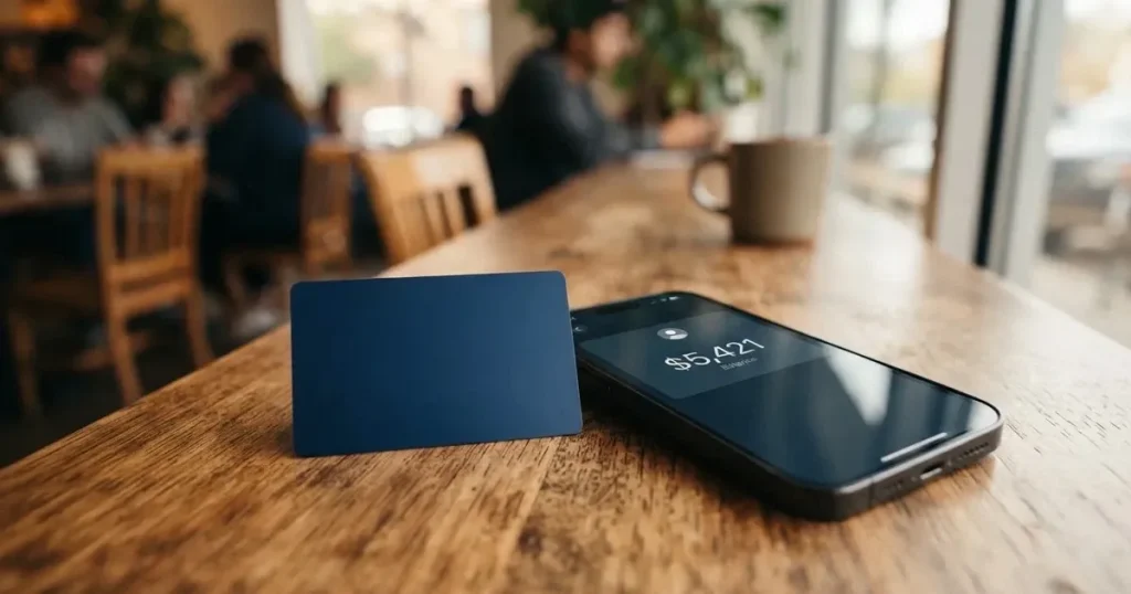 A payment card next to a phone with a crypto wallet app open