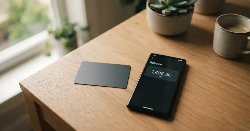 A payment card next to a phone with a crypto wallet app open