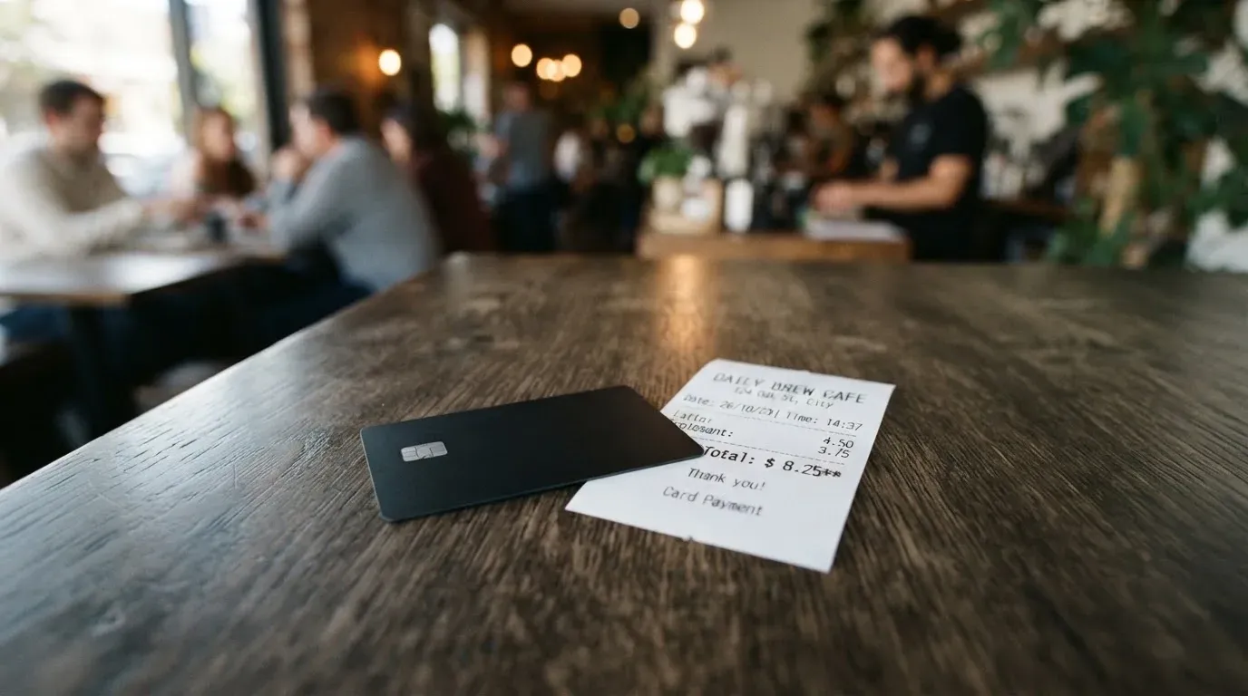 A receipt and a card on a café table