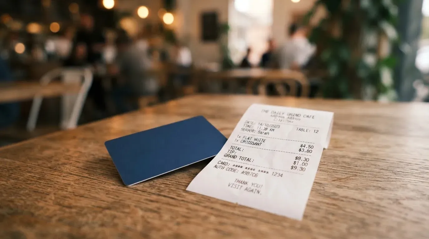 A receipt and a card on a café table