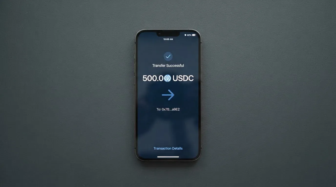 A phone showing a stablecoin transfer screen