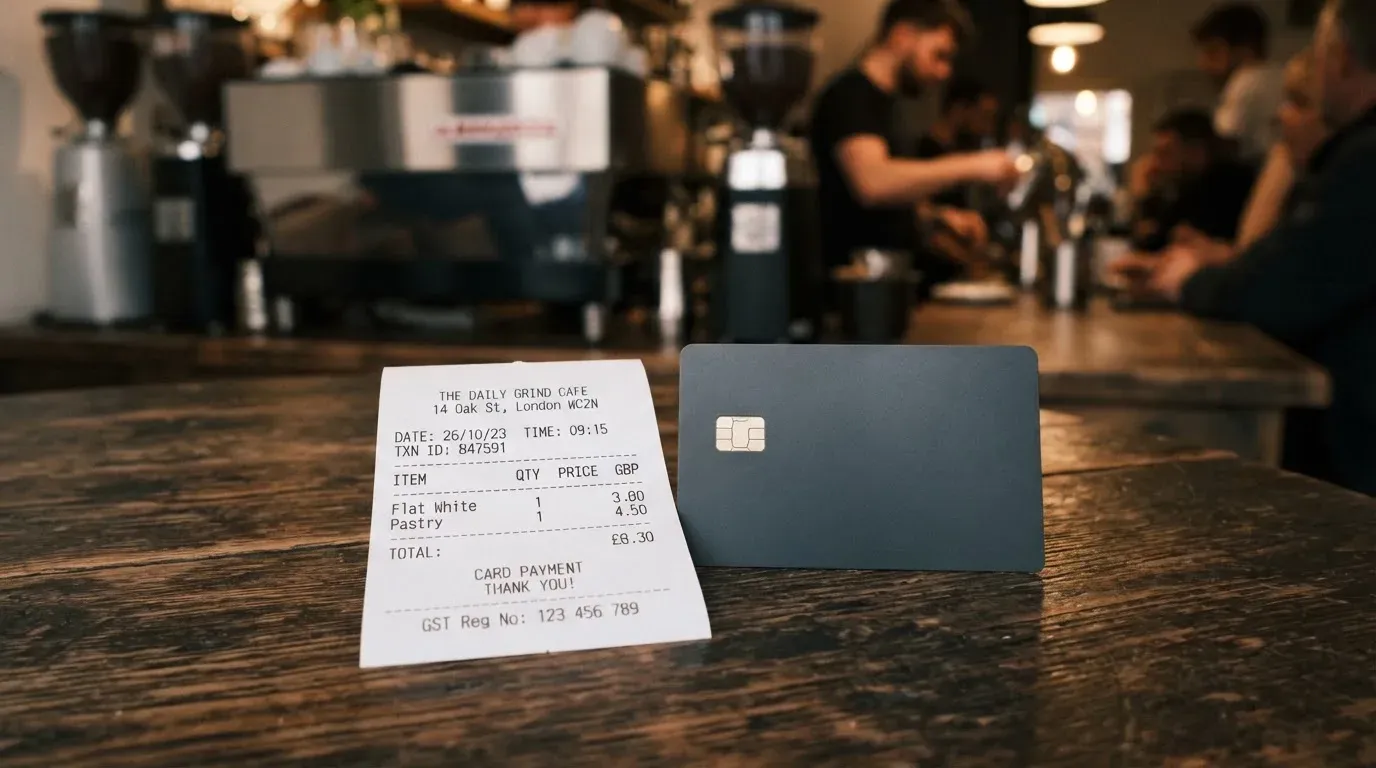 A receipt and a card on a café table