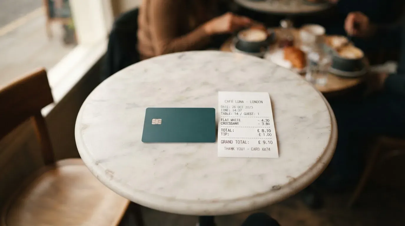 A receipt and a card on a café table