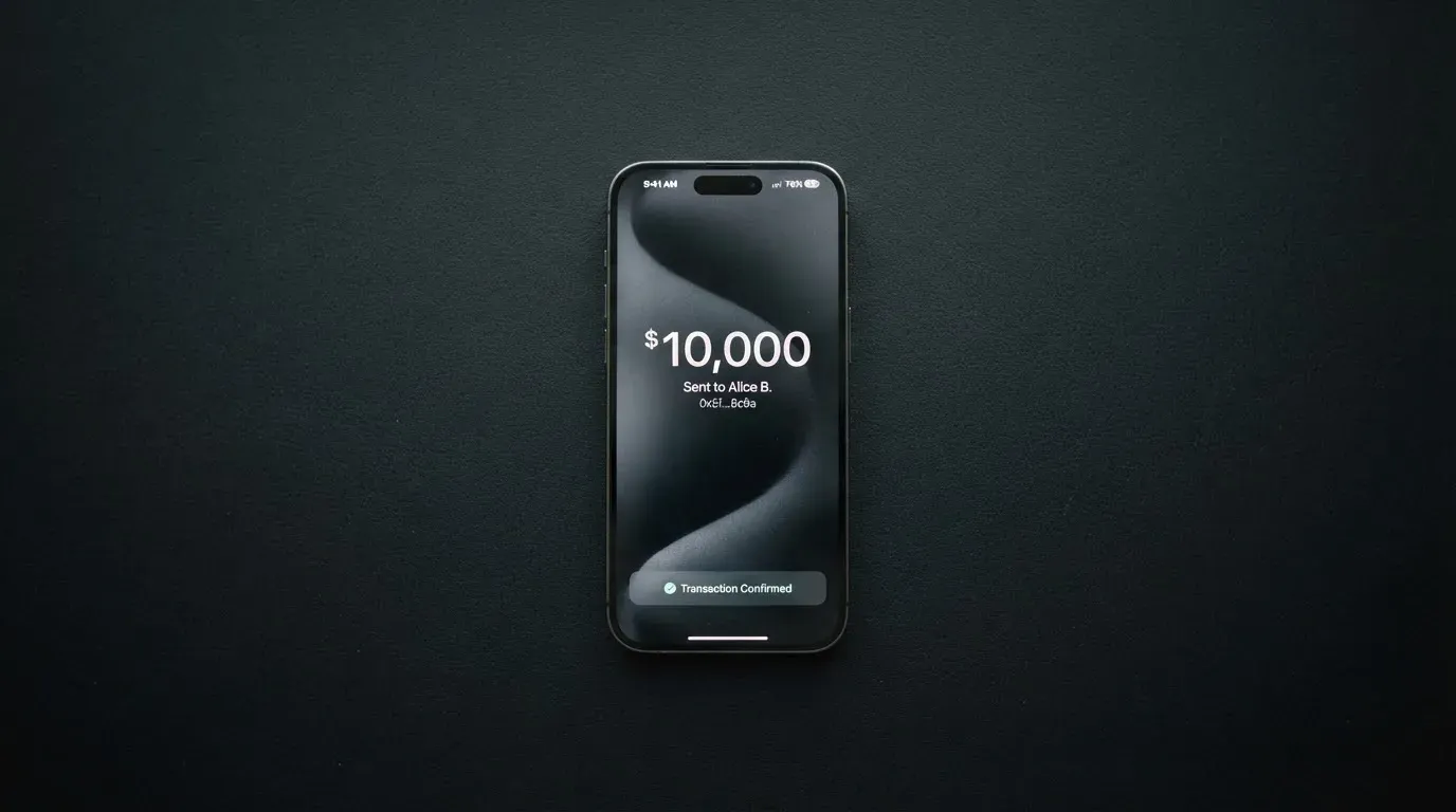 A phone showing a stablecoin transfer screen