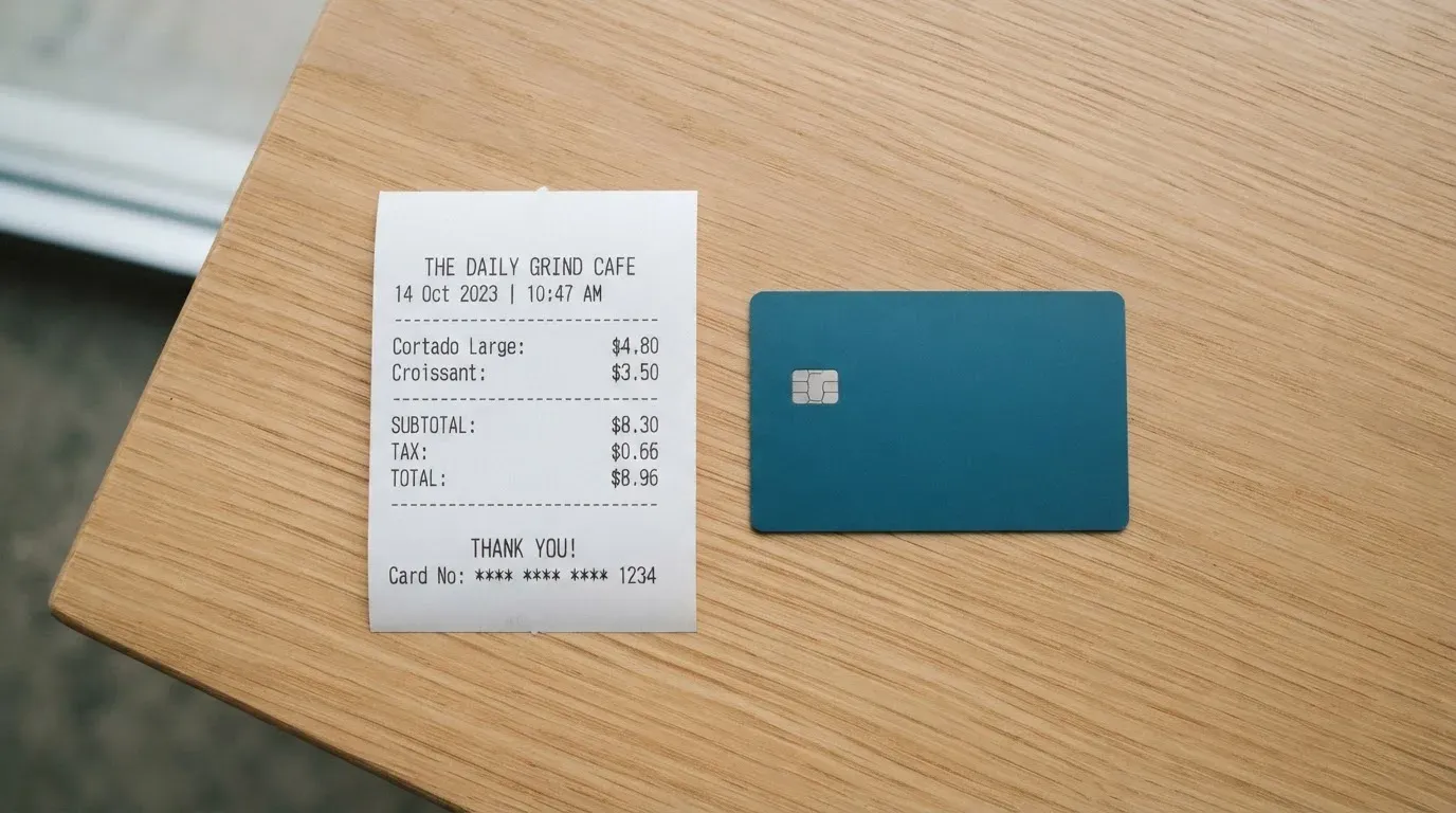 A receipt and a card on a café table
