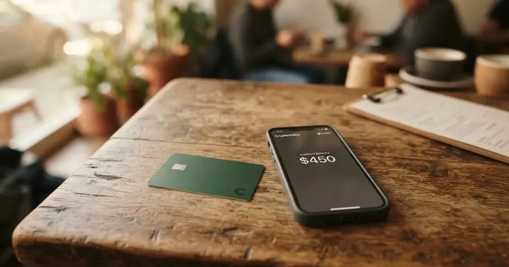 A payment card next to a phone with a crypto wallet app open