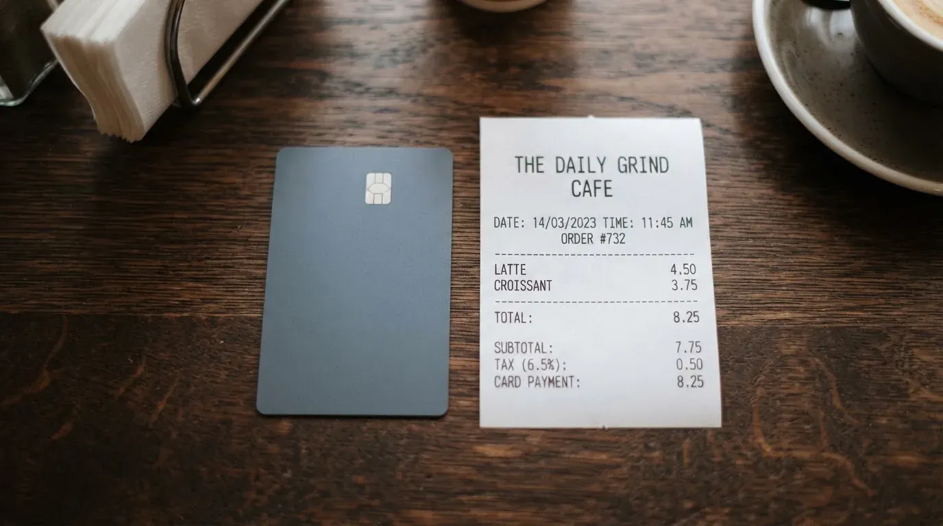A receipt and a card on a café table