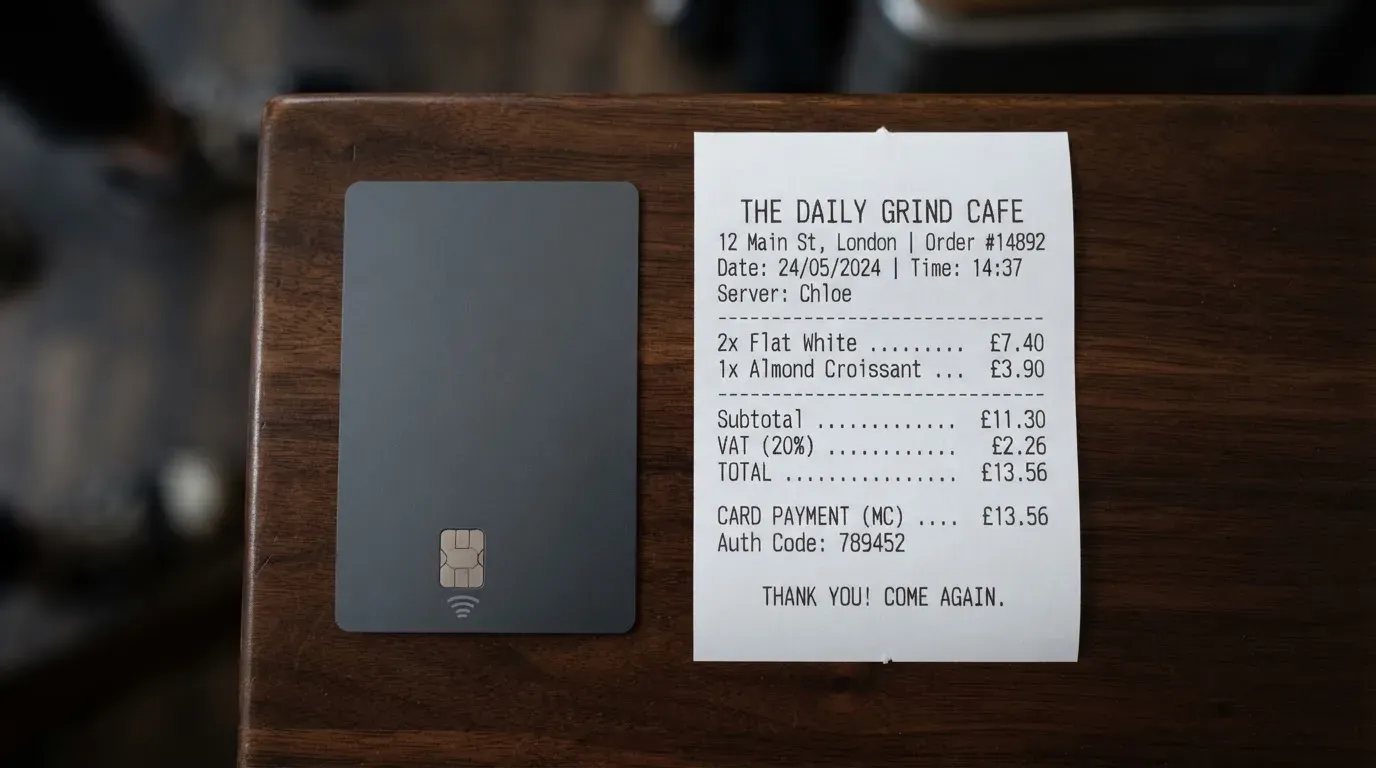 A receipt and a card on a café table