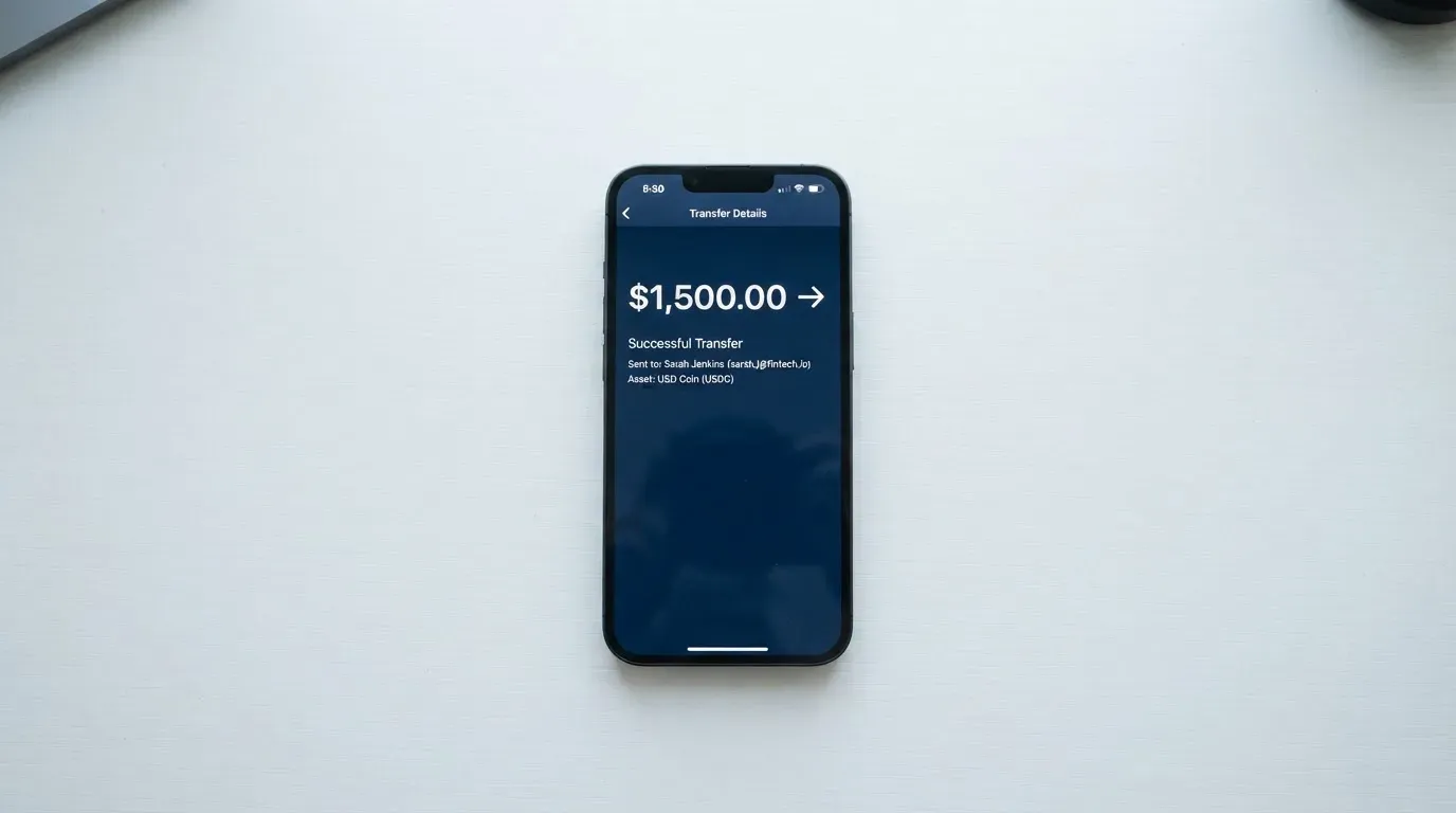 A phone showing a stablecoin transfer screen