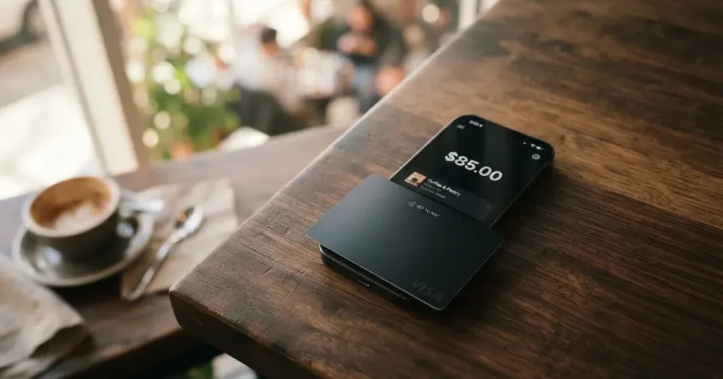 A payment card next to a phone with a crypto wallet app open