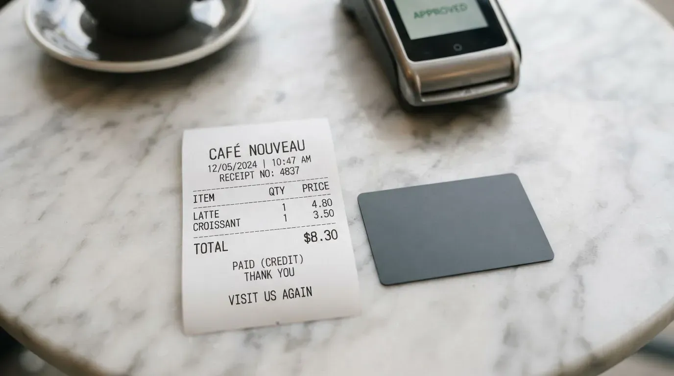 A receipt and a card on a café table