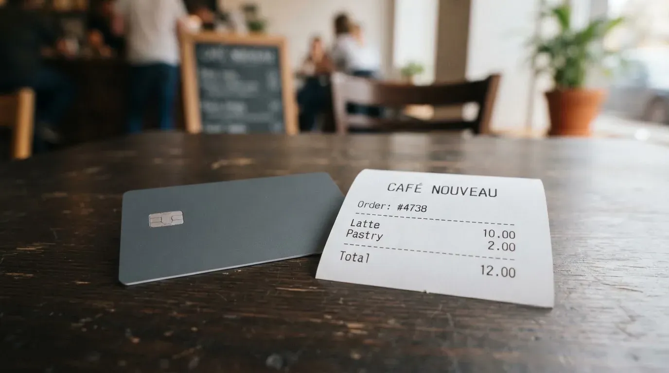 A receipt and a card on a café table