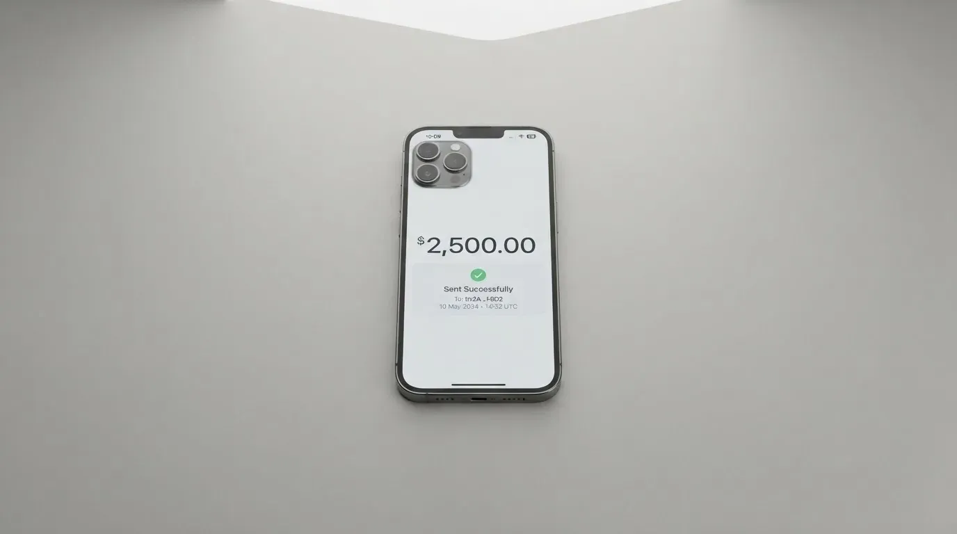 A phone showing a stablecoin transfer screen