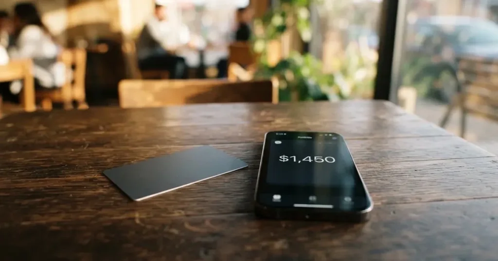 A payment card next to a phone with a crypto wallet app open
