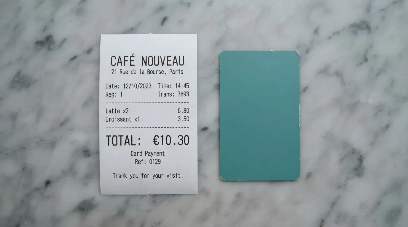 A receipt and a card on a café table