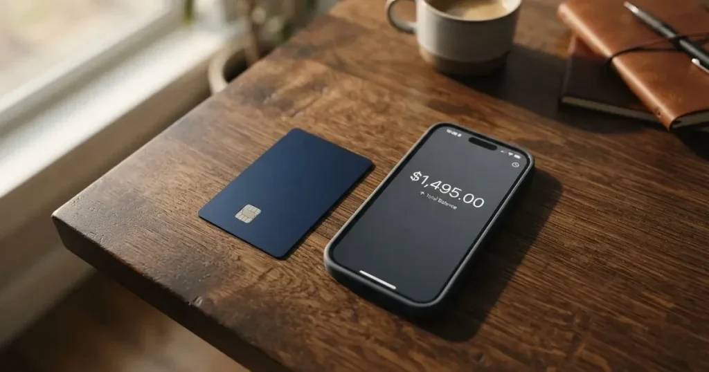 A payment card next to a phone with a crypto wallet app open