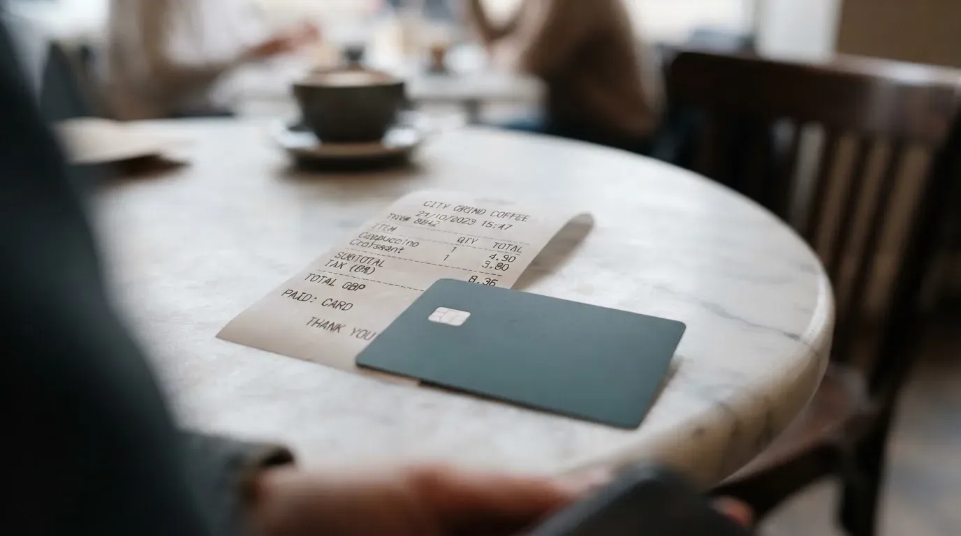 A receipt and a card on a café table