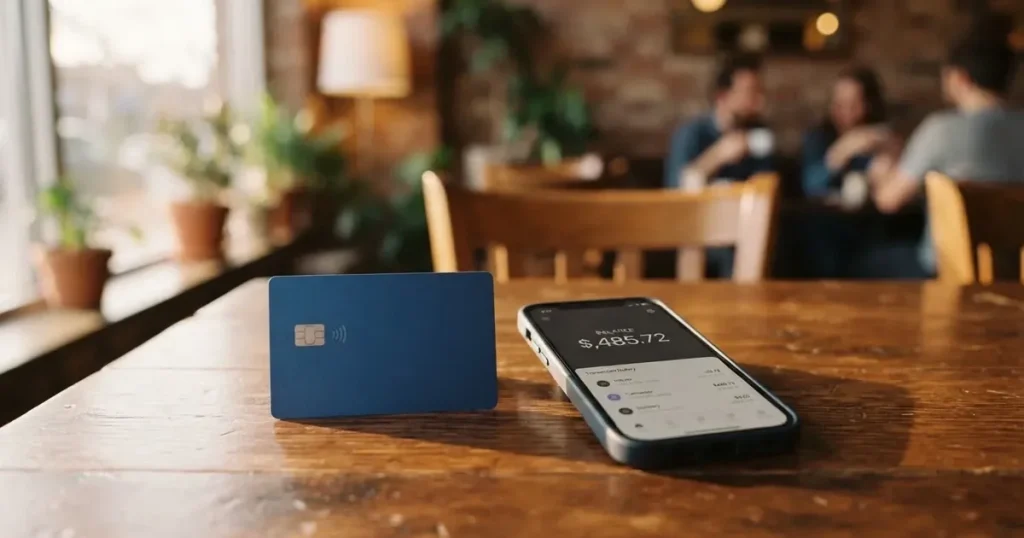 A payment card next to a phone with a crypto wallet app open
