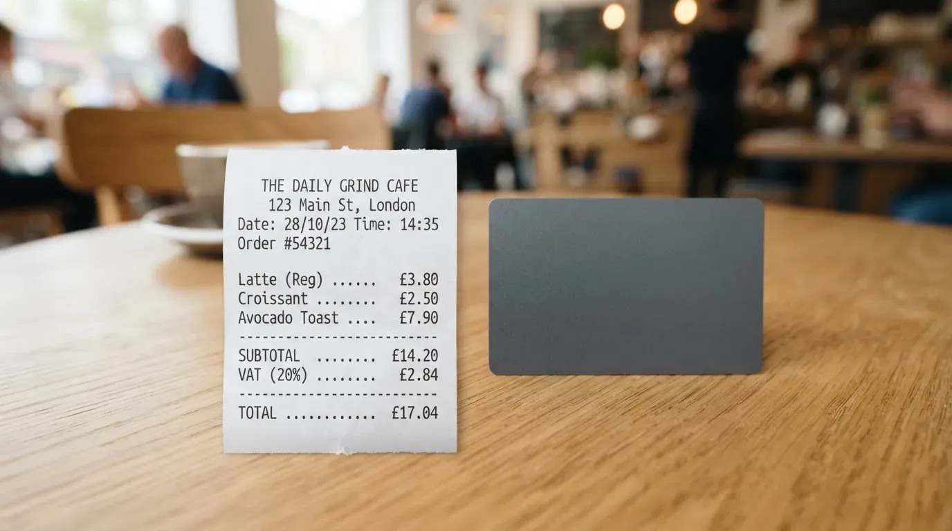 A receipt and a card on a café table