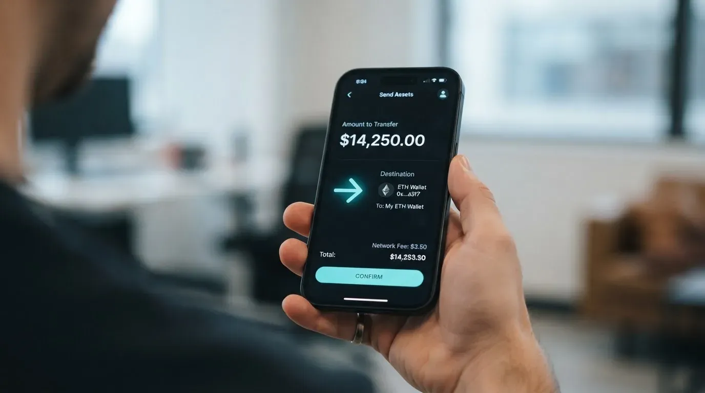A phone showing a stablecoin transfer screen