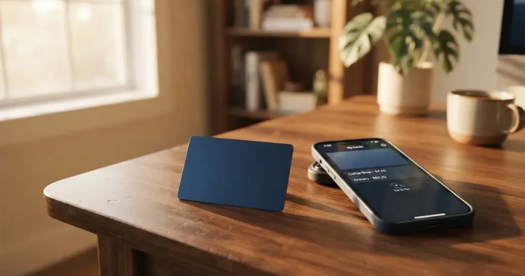 A payment card next to a phone with a crypto wallet app open