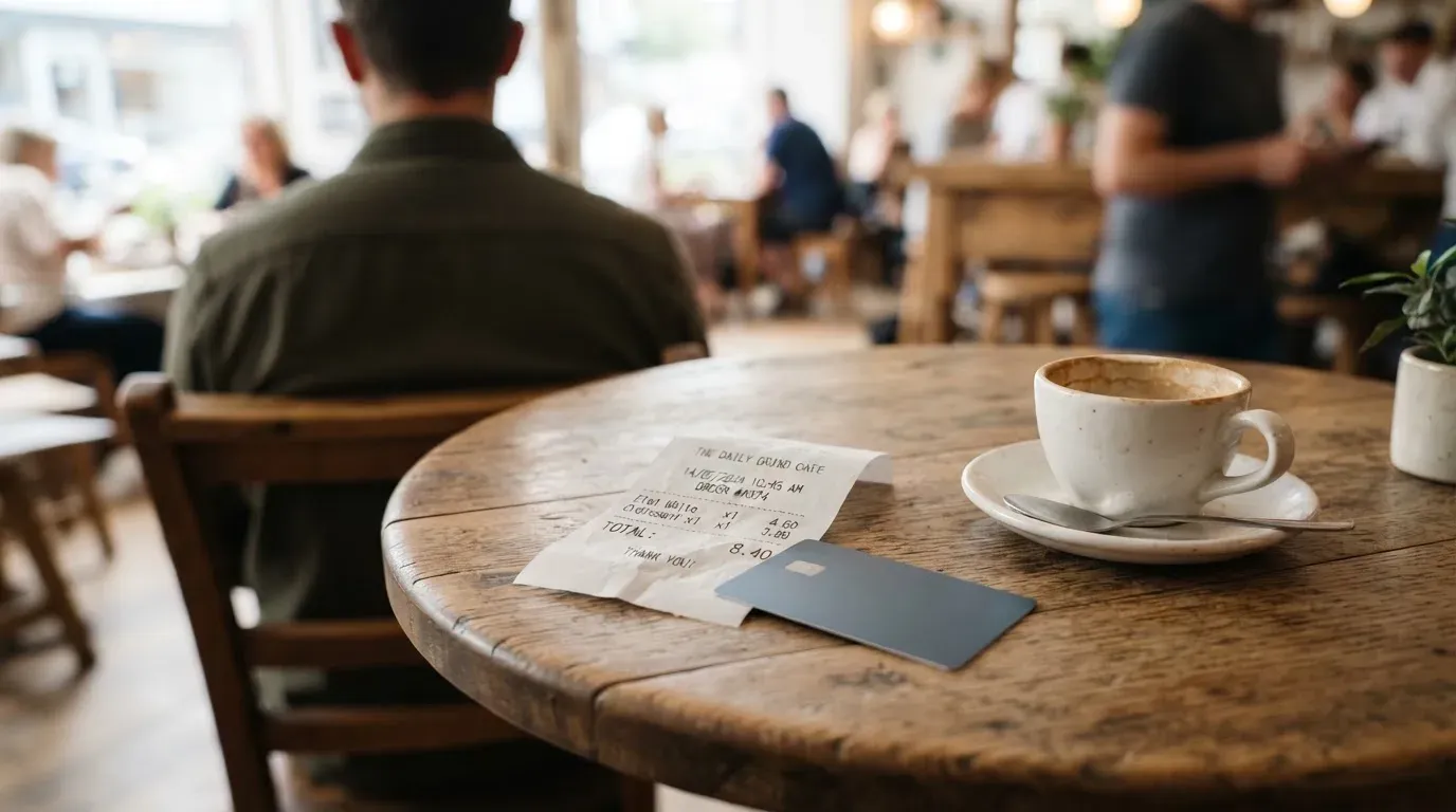 A receipt and a card on a café table
