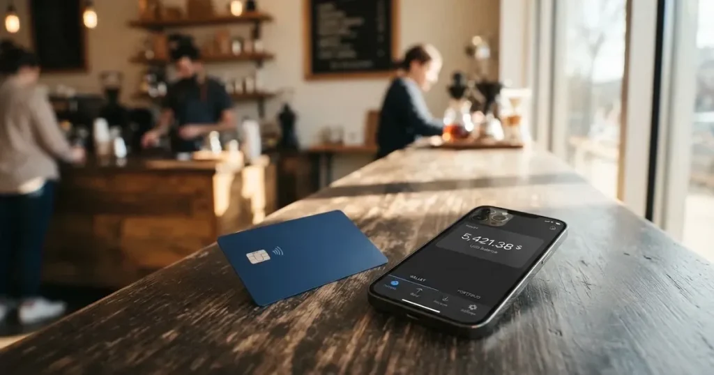 A payment card next to a phone with a crypto wallet app open