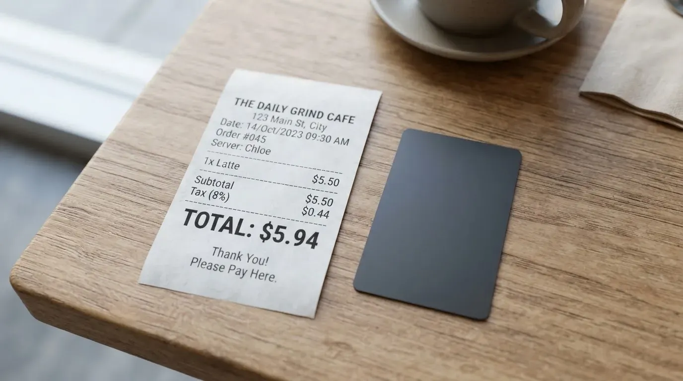A receipt and a card on a café table
