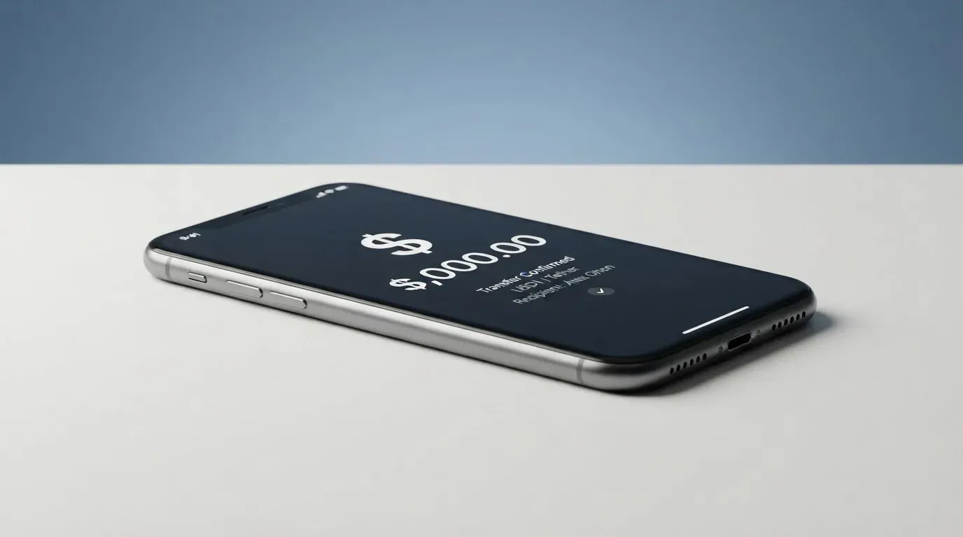 A phone showing a stablecoin transfer screen