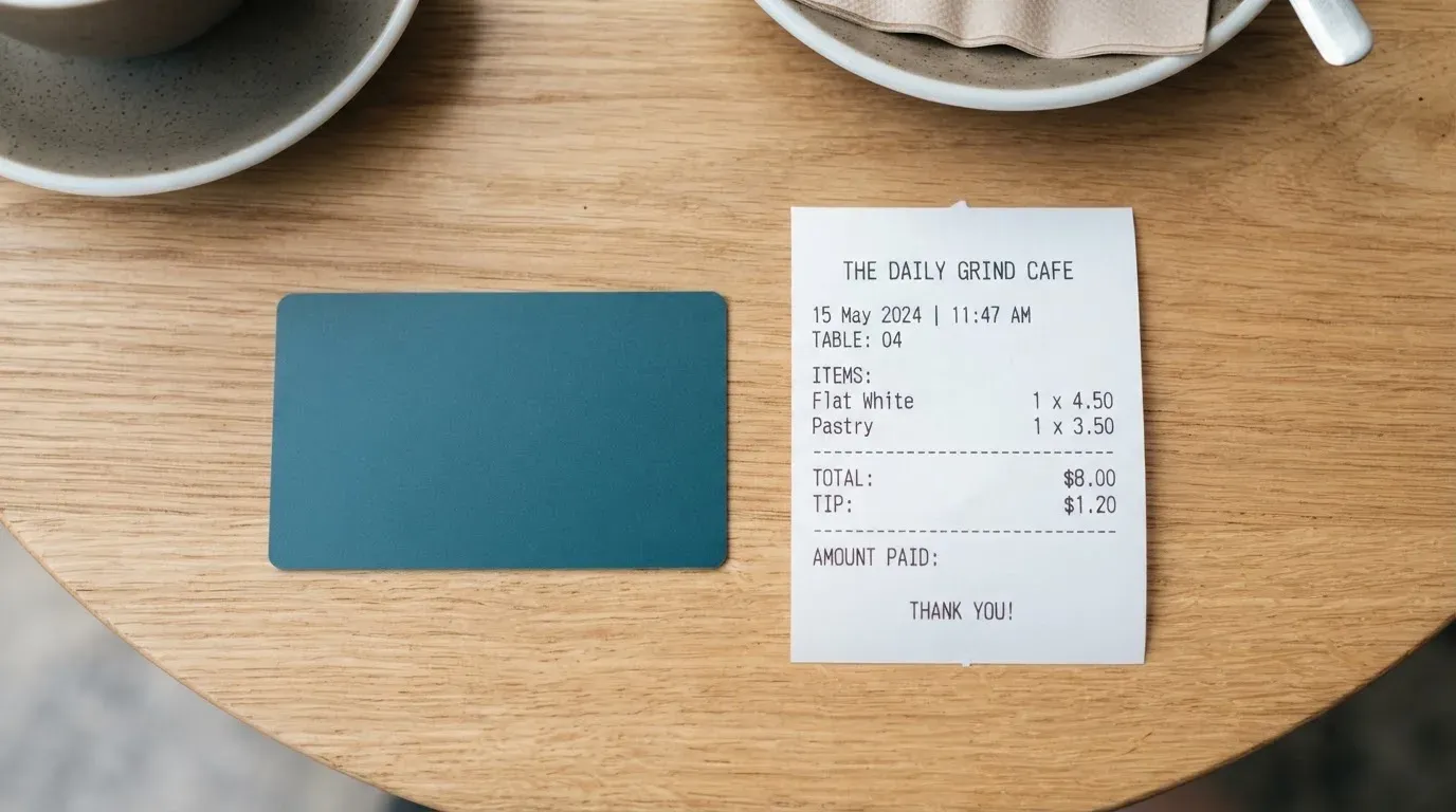 A receipt and a card on a café table
