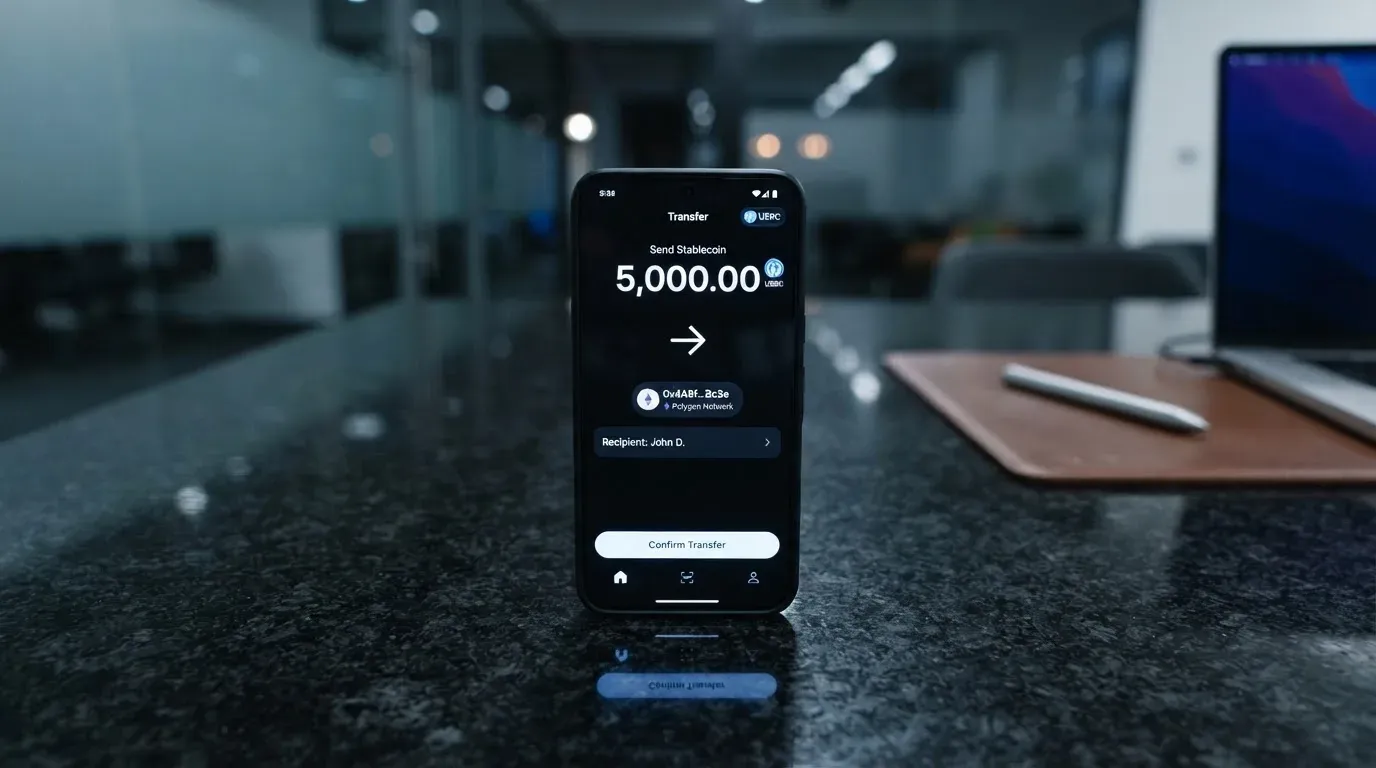 A phone showing a stablecoin transfer screen