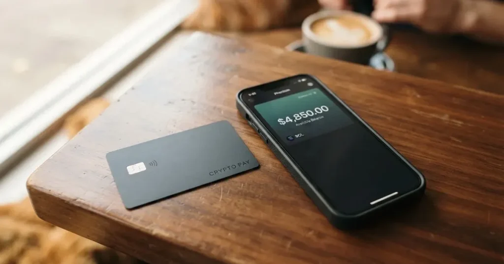 A payment card next to a phone with a crypto wallet app open