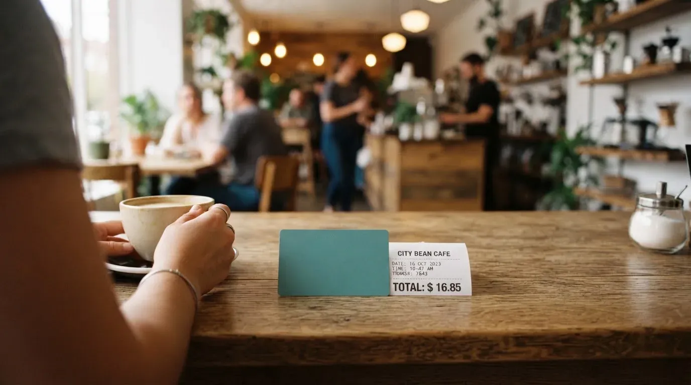 A receipt and a card on a café table