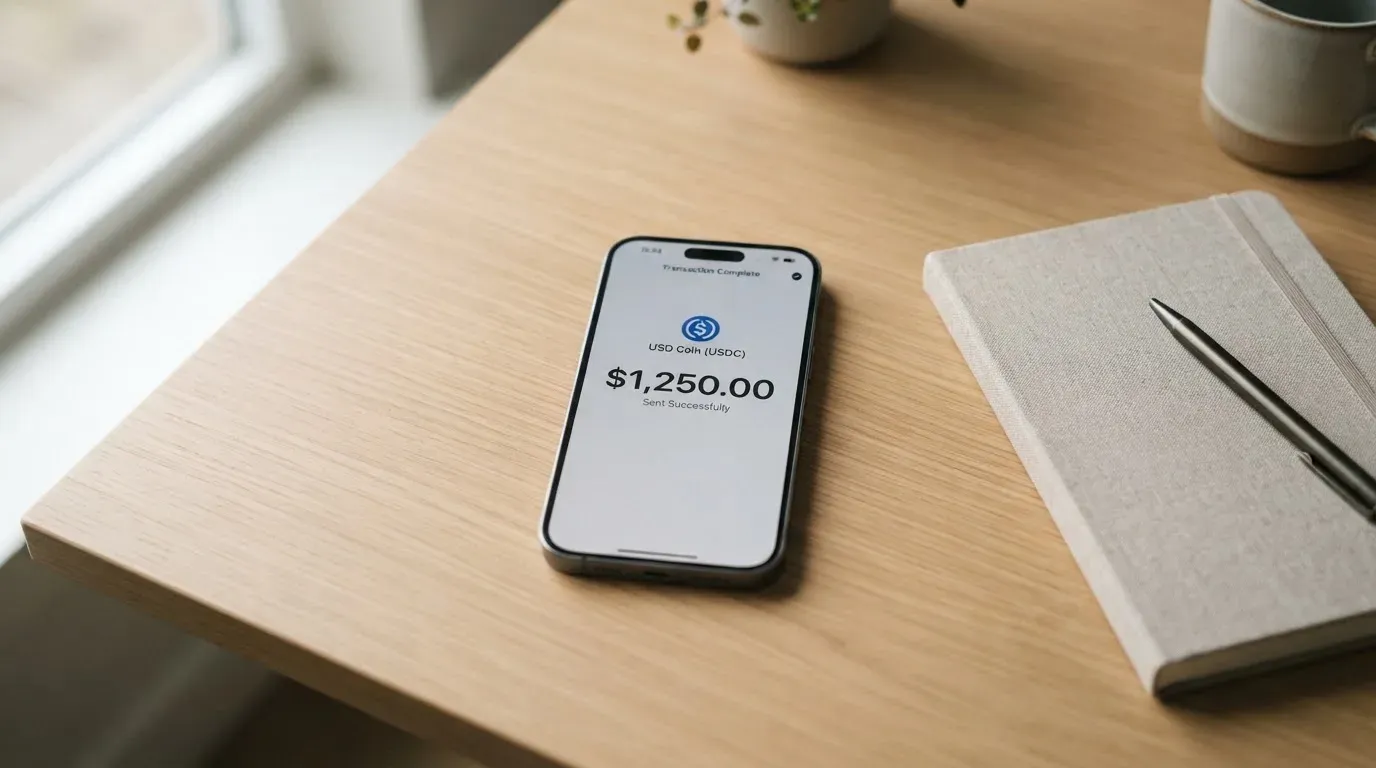A phone showing a stablecoin transfer screen