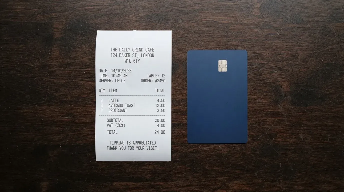 A receipt and a card on a café table
