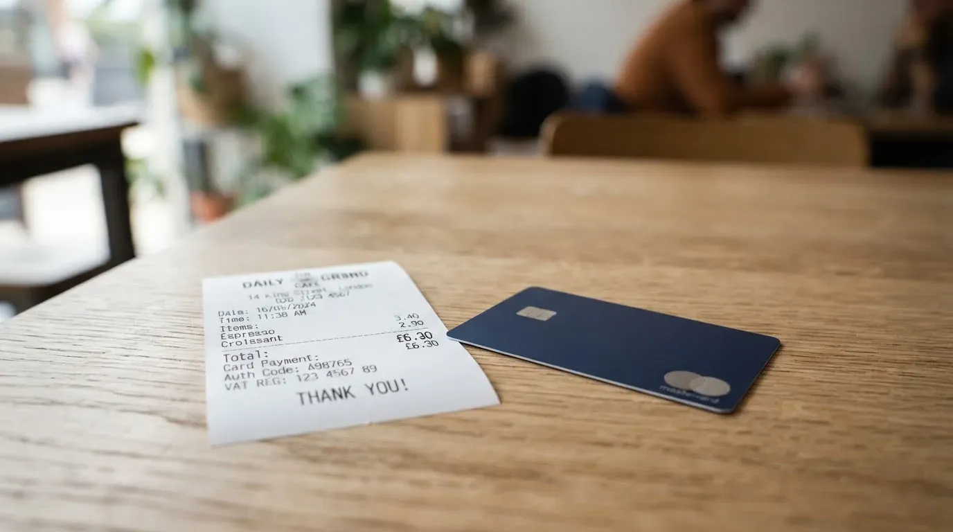 A receipt and a card on a café table