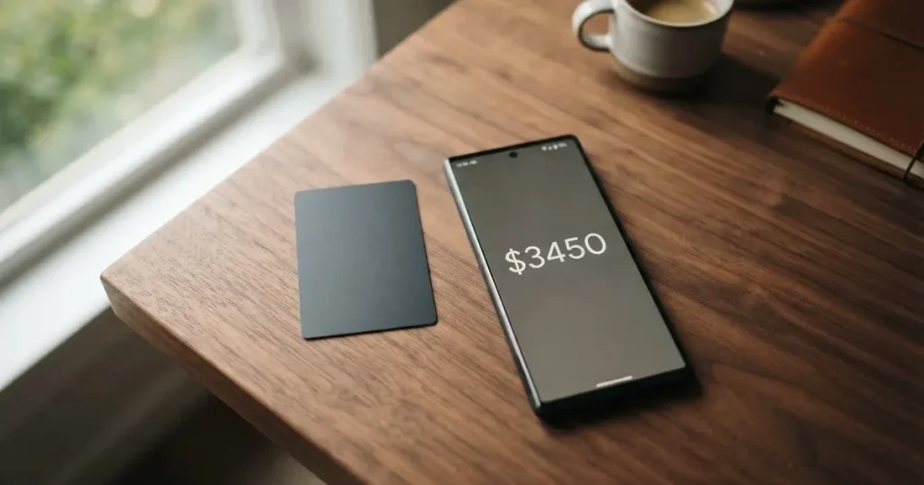 A payment card next to a phone with a crypto wallet app open