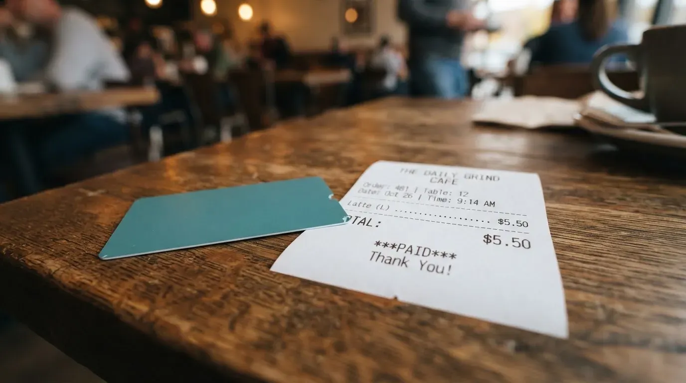 A receipt and a card on a café table