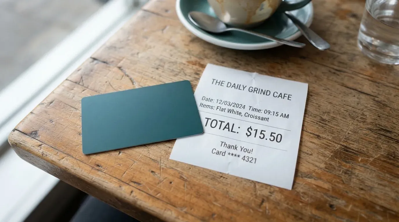 A receipt and a card on a café table