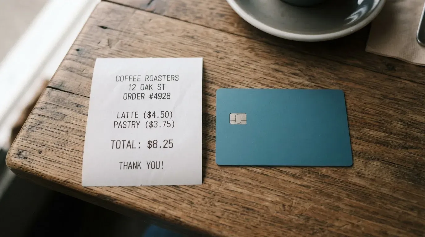 A receipt and a card on a café table