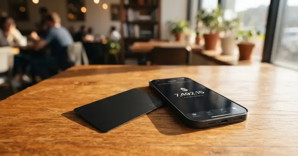 A payment card next to a phone with a crypto wallet app open