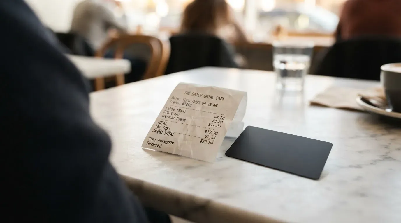 A receipt and a card on a café table