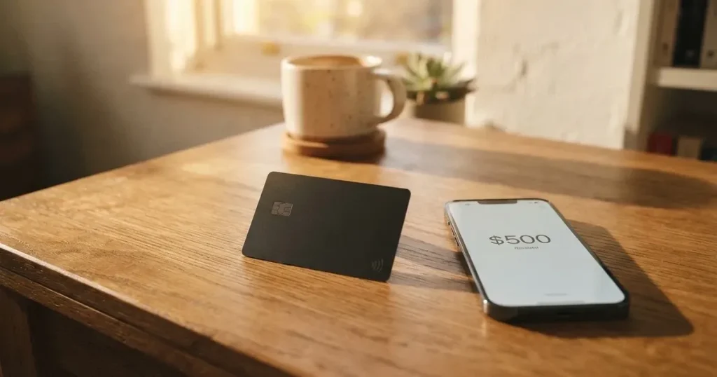 A payment card next to a phone with a crypto wallet app open